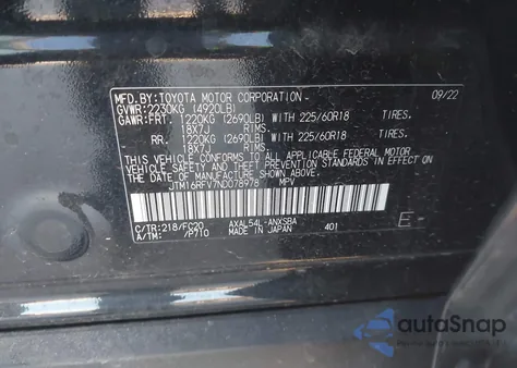 2022 Toyota Rav4 Hybrid Se из США, поврежденный, VIN JTM16RFV7ND078978